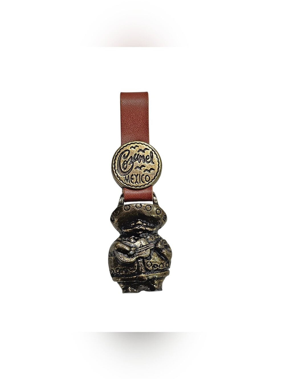 Cozumel Mexico Mariachi Keychain Vintage Metal Brass Finish Souvenir Key Ring
